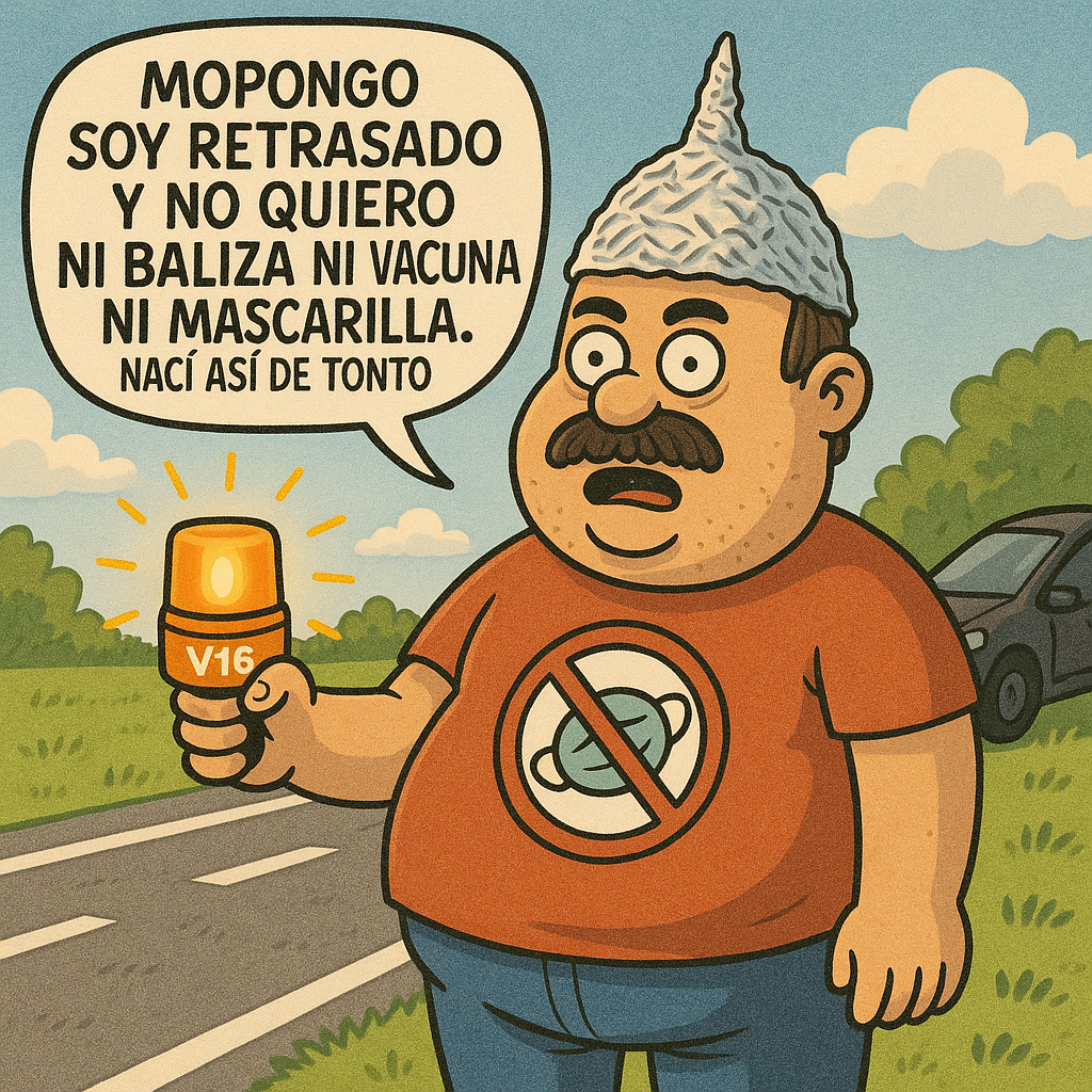 Ilustración editorial de una baliza luminosa V16 en una carretera nocturna, con un coche parado y señales de tráfico