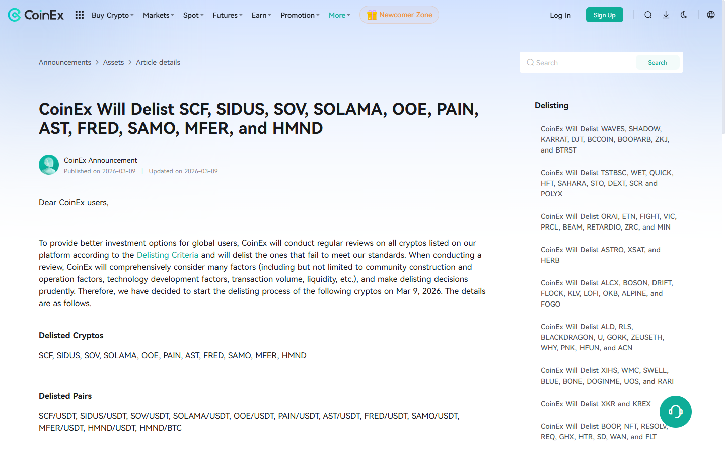 CoinEx SAMO·MFER 포함 공지에 따로 적힌 거래·입금 종료와 출금 종료 일정