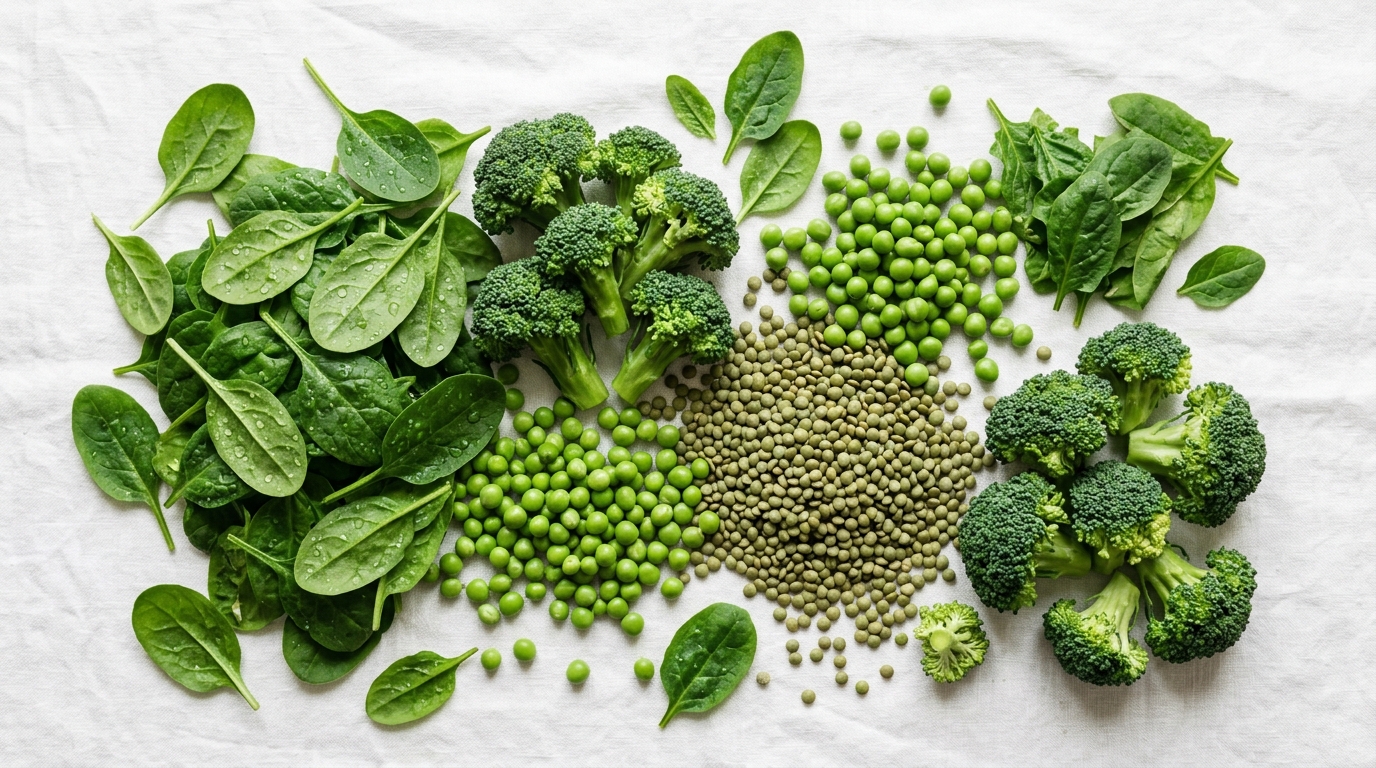 Environmental Impact of Plant-Based Meat Overhead view of fresh green vegetables and legumes including broccoli, peas, lentils and spinach leaves