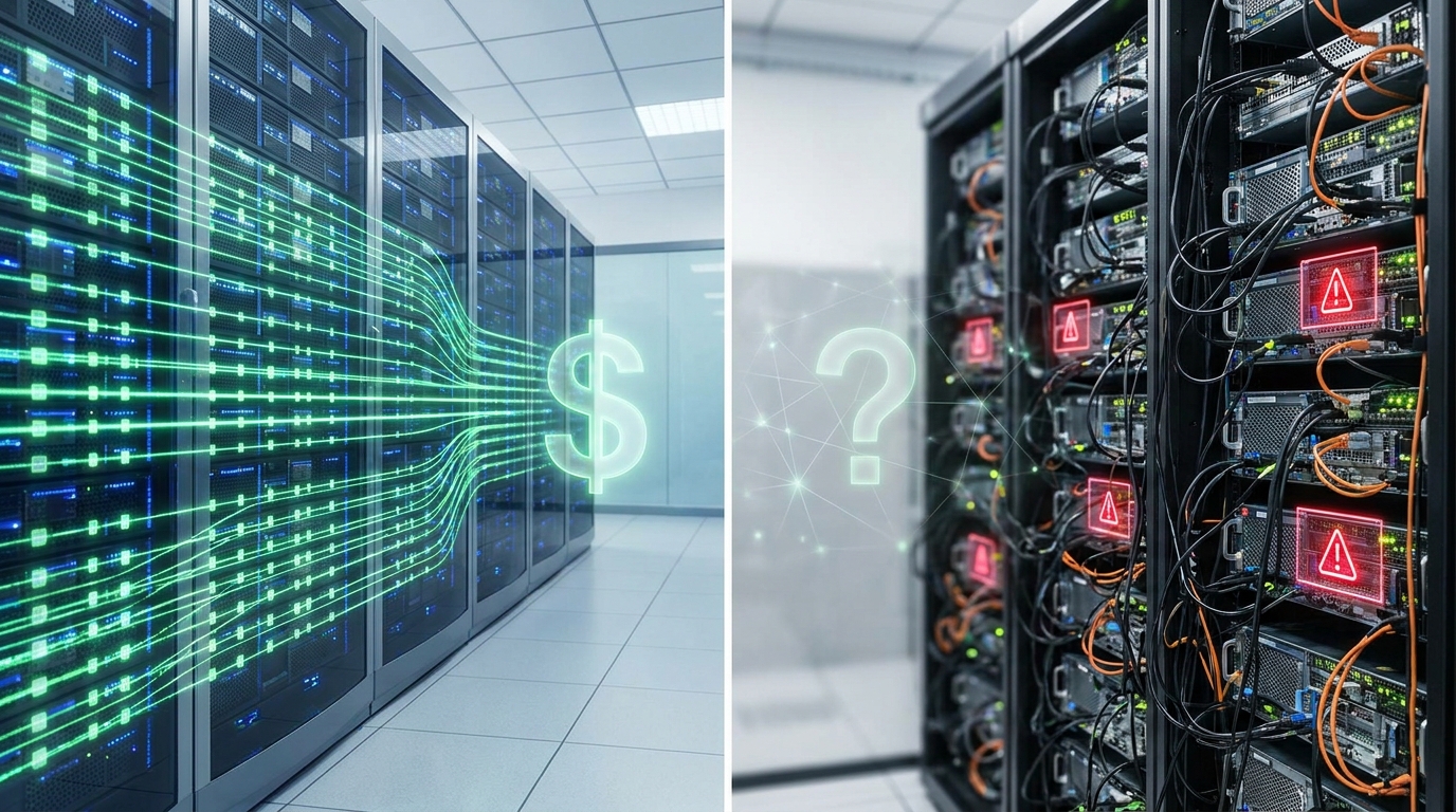 Split image showing efficient, structured data flow with a dollar sign on one side for Kimi K3's strengths, and a chaotic network with red warning signs and a question mark on the other side for its challenges in dynamic tasks.