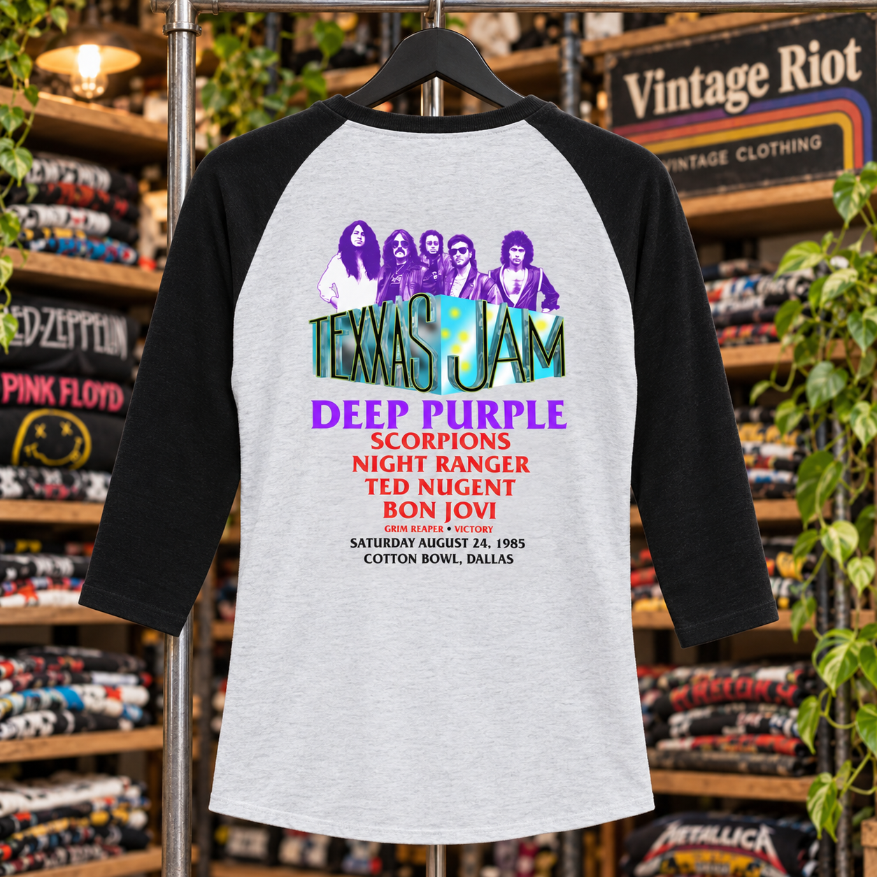 1985 Texxas Jam Retro Raglan Shirt — Cotton Bowl, Dallas — illustrative back view
