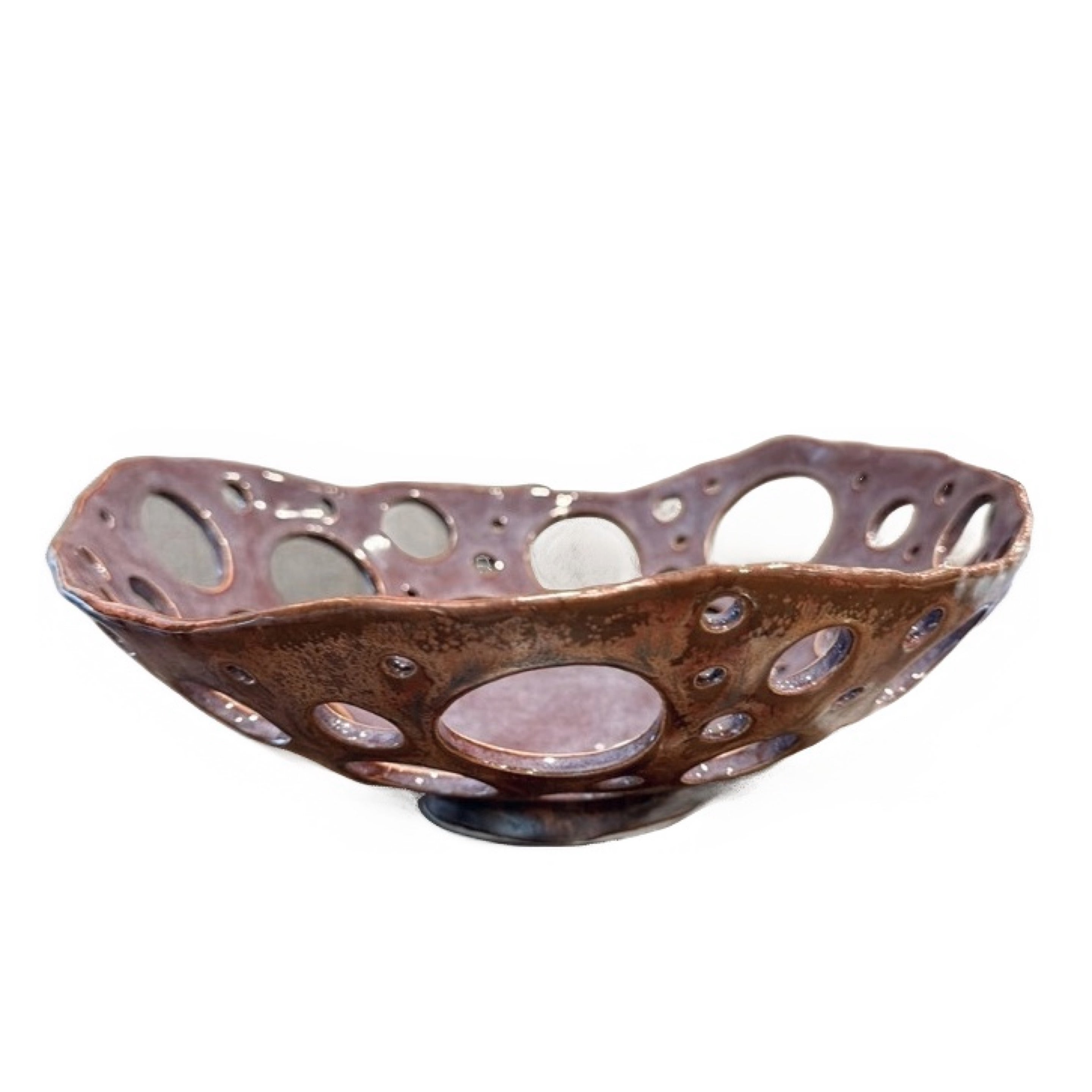 Hand-built decorative bowl with an intricate cutout pattern and hand-painted details.
