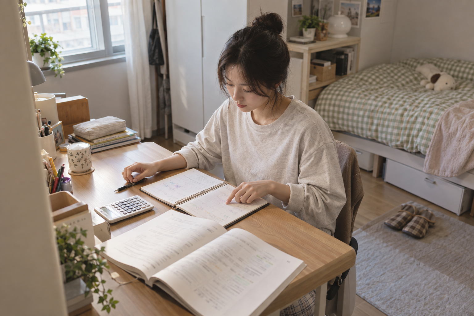 시험 취소 전 일정과 결제금액을 확인하는 수험생의 설명용 장면