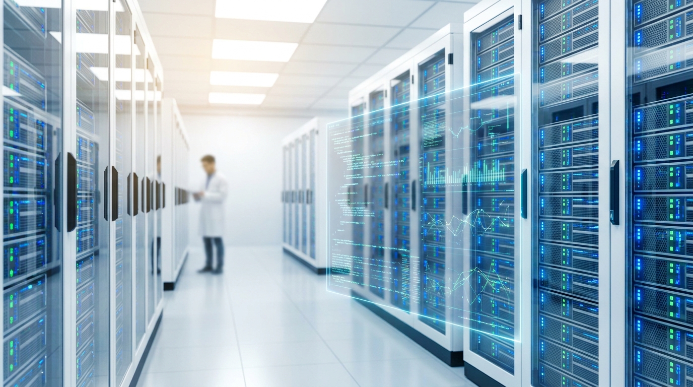 AI servers in a data center, symbolizing Claude Sonnet 5's power and efficiency.