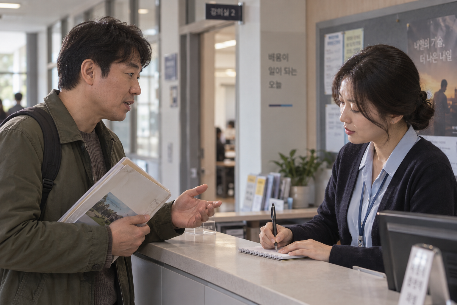 카드가 없는 동안의 출석 처리 방법을 훈련기관에 묻는 설명용 장면