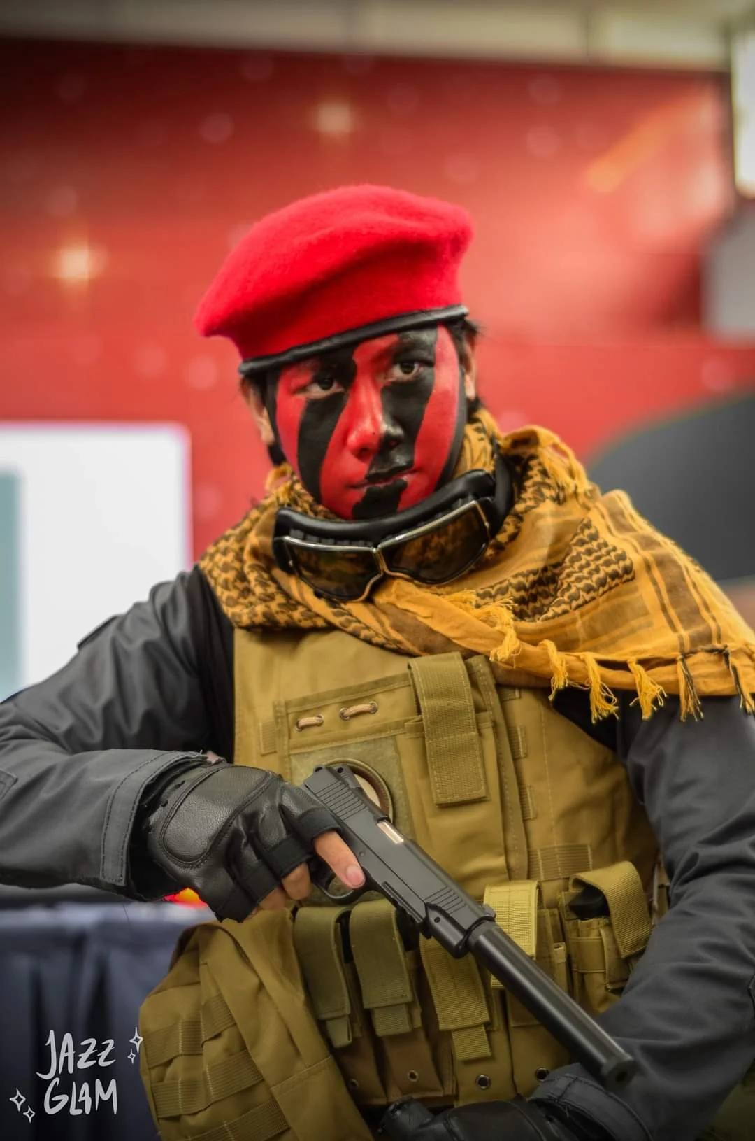 A photo of a cosplayer role-playing as a rebel soldier from the Chaos Insurgency, a fictional guerrilla outfit from the SCP universe