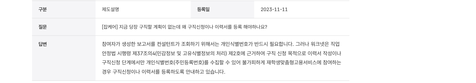 특정 공공서비스에서 개인식별번호를 수집하는 이유를 설명한 고용24 FAQ