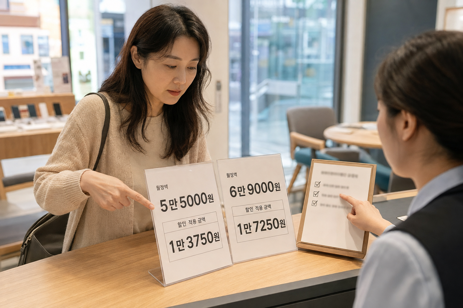선택약정 요금제 변경 전후 25% 할인액과 유지 조건을 비교하는 장면