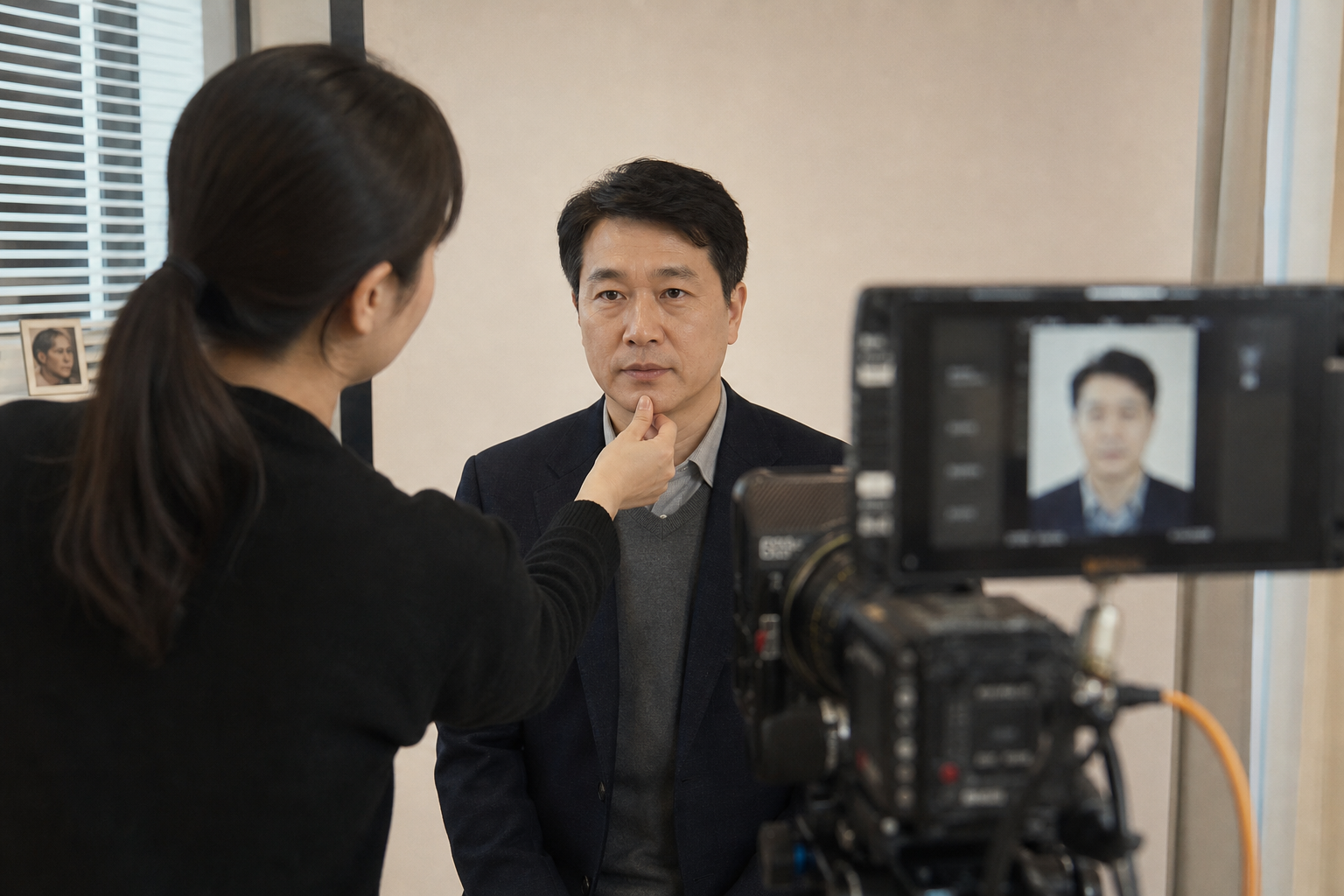 사진관에서 큐넷 사진 등록 규격과 얼굴 식별 상태를 확인하는 장면