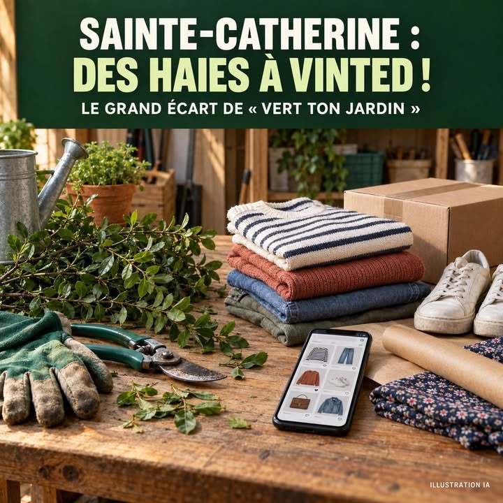Sur une table en bois, des branches de haie, des gants, des ciseaux, un arrosoir, des vêtements pliés, des chaussures et un smartphone affichant une boutique en ligne.