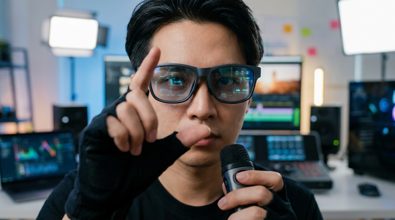Creator wearing AI smart glasses, gesturing hands-free while recording content in a studio. Focus on hands-free content creation.