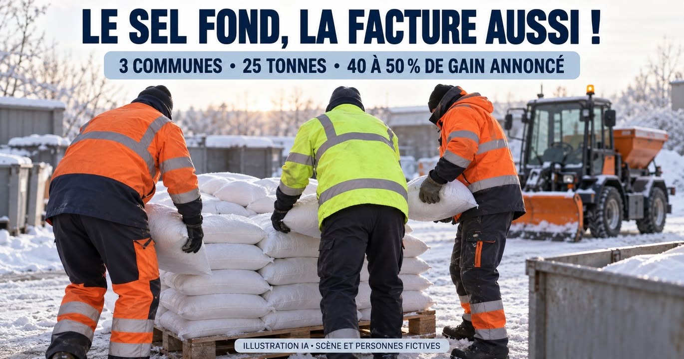 Trois personnes en vêtements de travail réfléchissants manipulent des sacs de sel sur une palette dans un environnement enneigé, avec un tracteur à la droite.