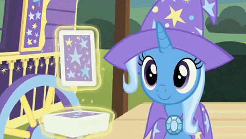 Trixie Lulamoon from My Little Pony: Friendsip is Magic repeatedly shaking her head at an off-screen character drawing cards in a magic trick fashion.