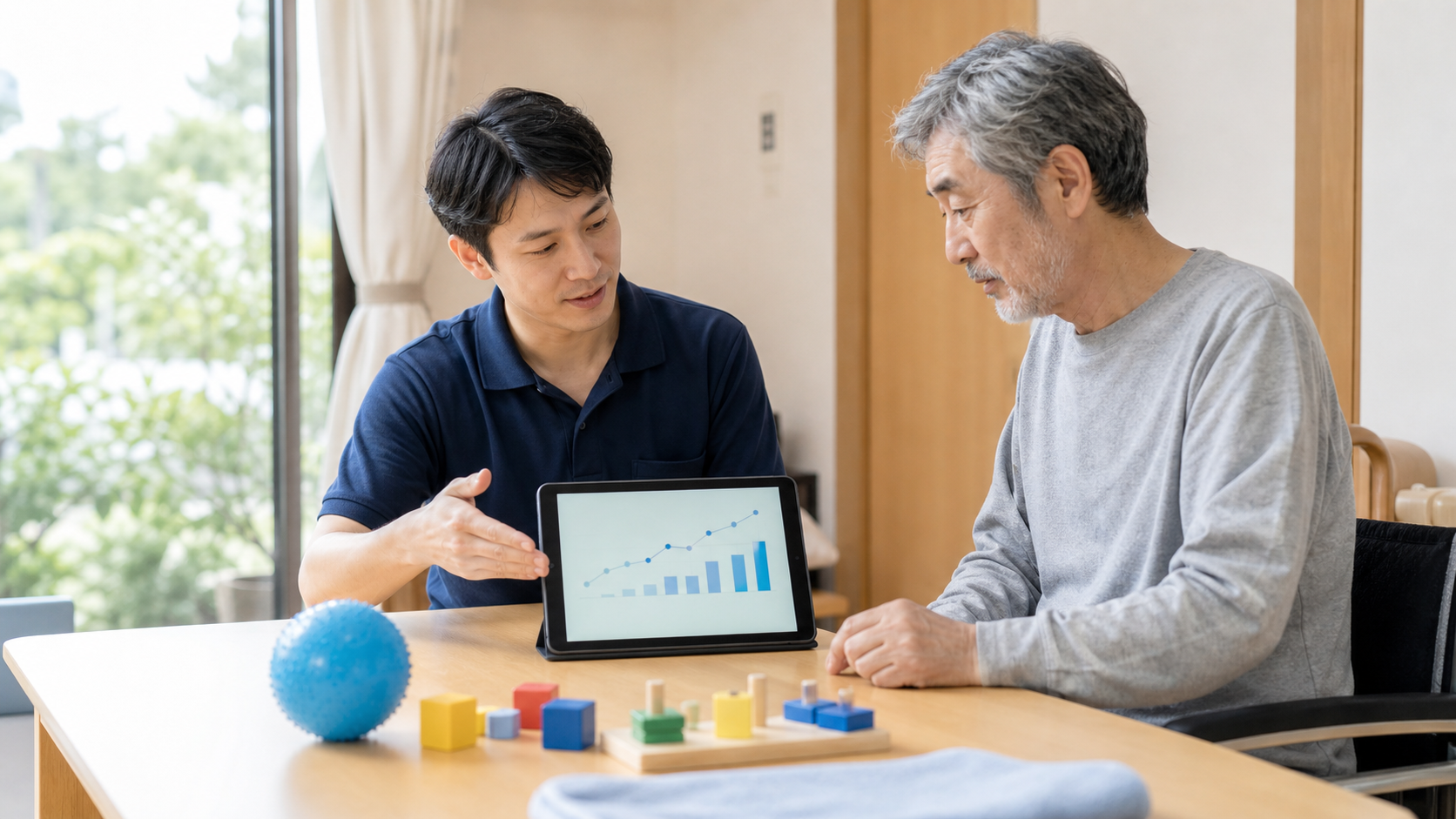 脳卒中後の上肢リハビリで促通反復療法や課題指向型訓練を相談する場面