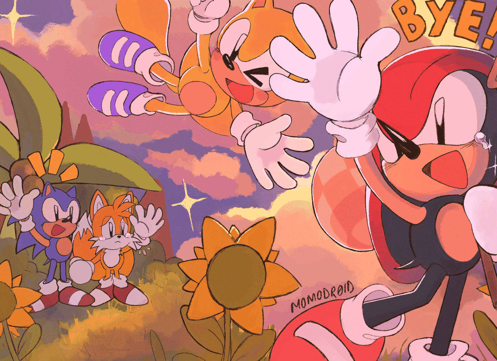 We'll meet again, Ray and Mighty waving goodbye to Sonic and Tails. Tails has tears in his eyes as the two hold hands and wave back.