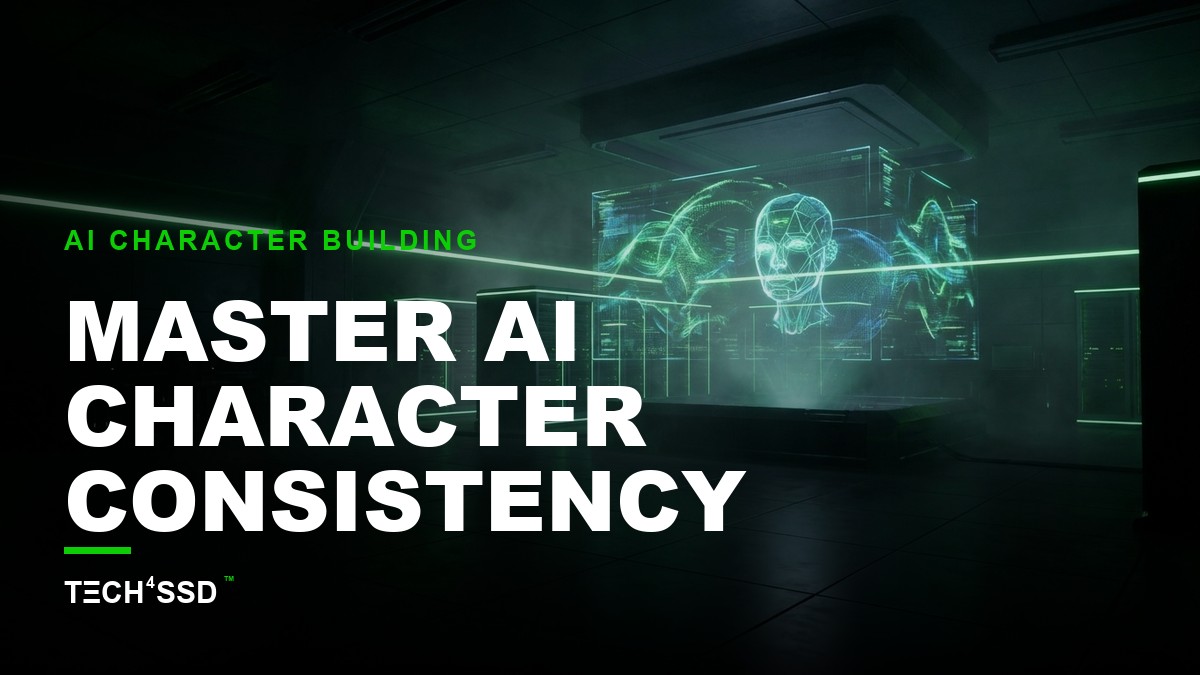 Futuristic digital artist at a console, surrounded by holographic projections of diverse, consistent AI characters interacting in a cinematic scene, with one character's detailed 'bio' code visible on a screen. In the background, a subtle, fractured image of a chatbot interface with small ad banners, representing AI character consistency.