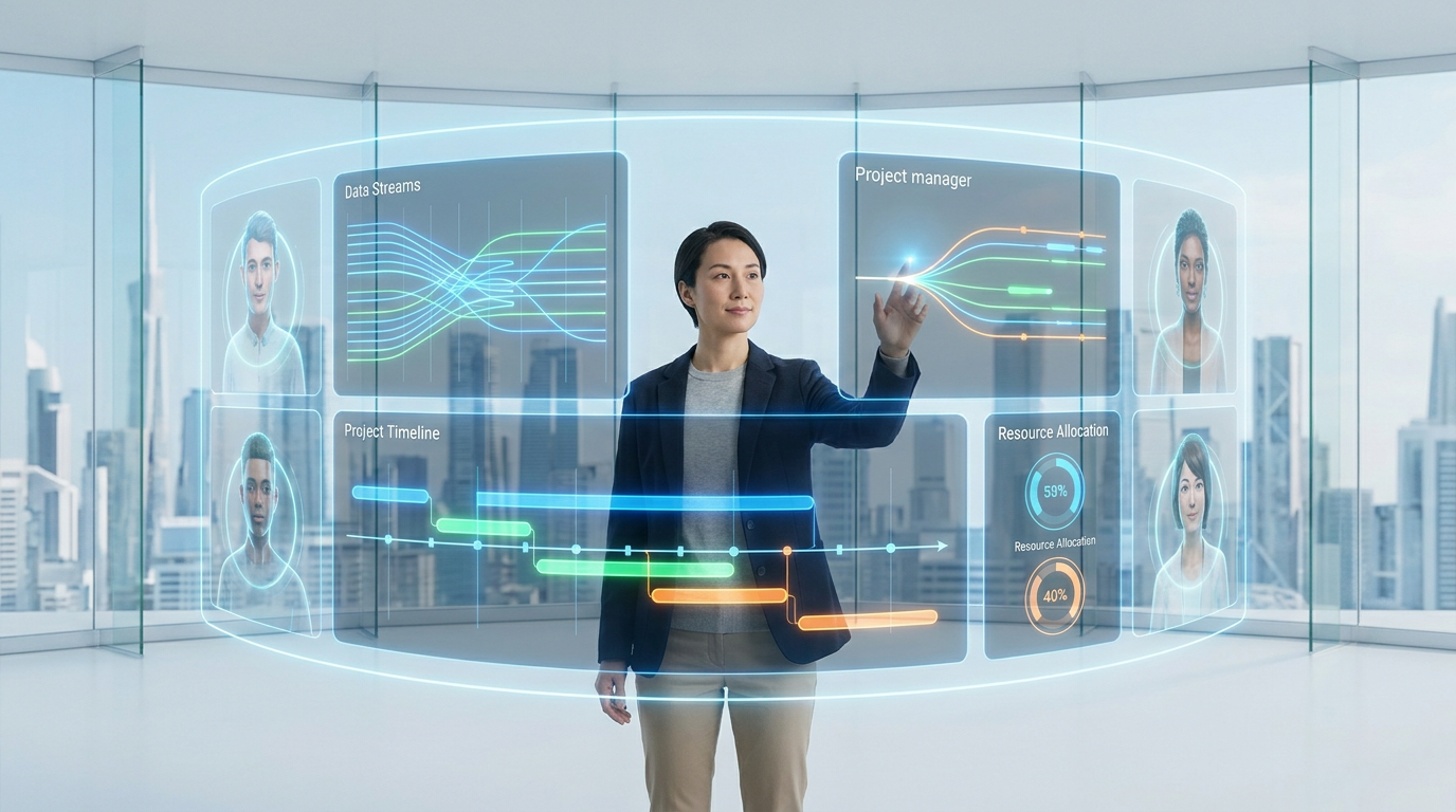 A human project manager empowered by a futuristic AI project management dashboard with holographic displays and AI teammate icons.