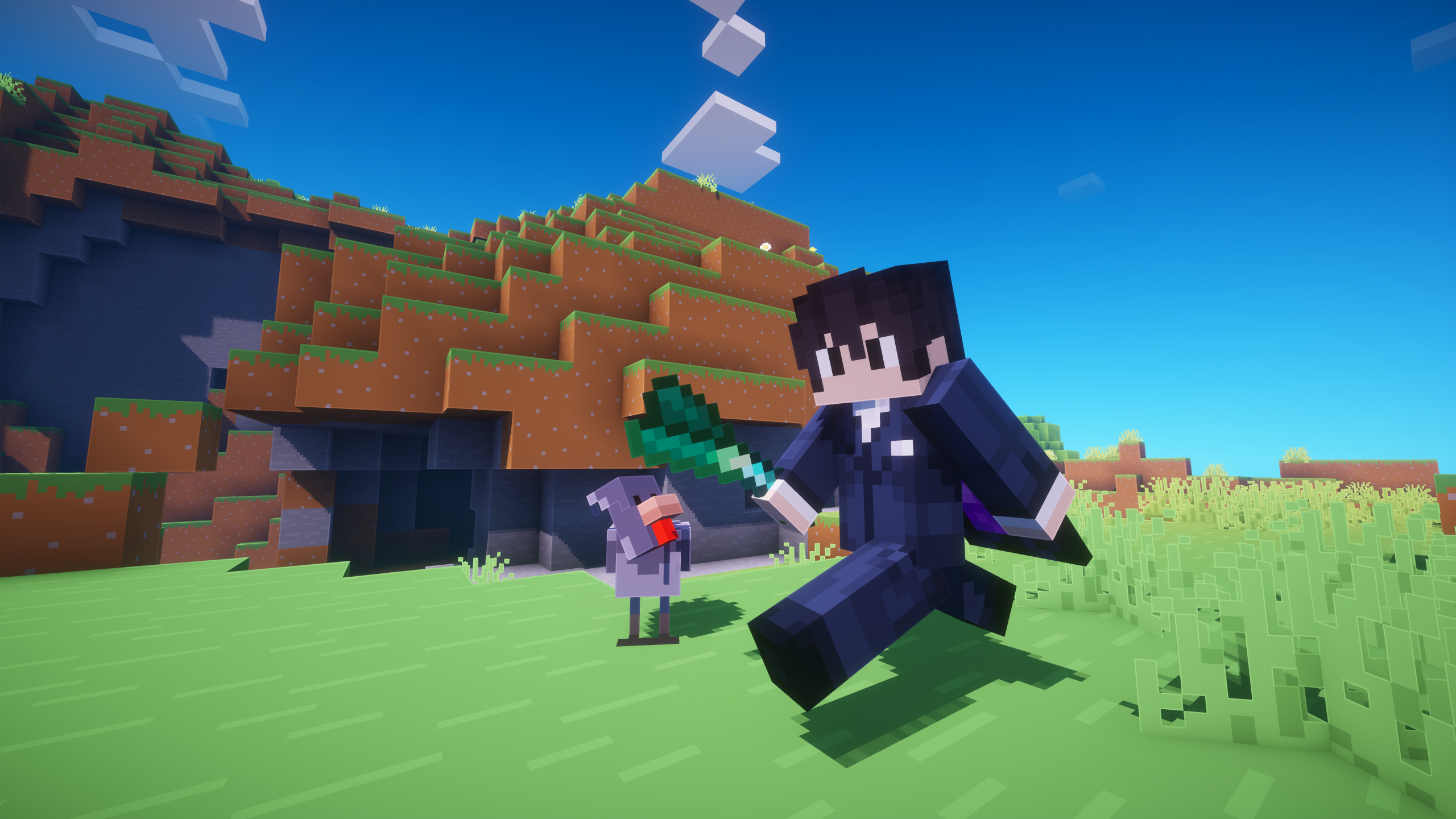 A player wielding a Diamond Leek Sword walking through a Mountains biome. A Cold Chicken observes the player curiously.