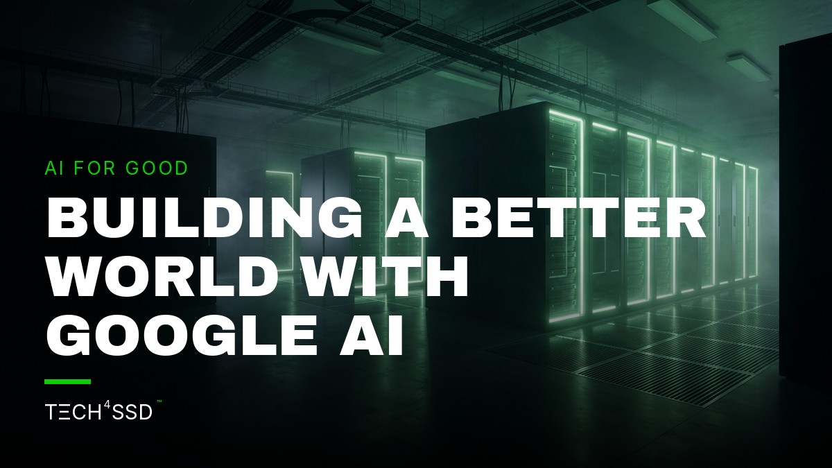 A stylized globe with glowing nodes representing data and AI processing, flowing into a central data repository, illustrating Google AI for Societal Impact.