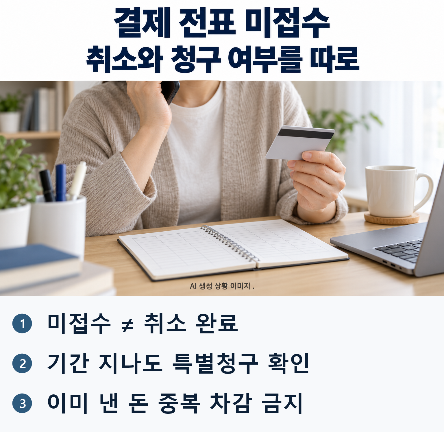 AI 생성 상황 이미지: 성인이 집 책상에서 무지 카드 뒷면과 모형 가계부를 보며 전화 문의하는 사진. 카드번호·금융앱·실제 금액·승인번호·회사로고 없음. 취소 완료로 연출하지 않는다. 핵심 결론: 미접수 ≠ 취소 완료 / 기간 지나도 특별청구 확인 / 이미 낸 돈 중복 차감 금지