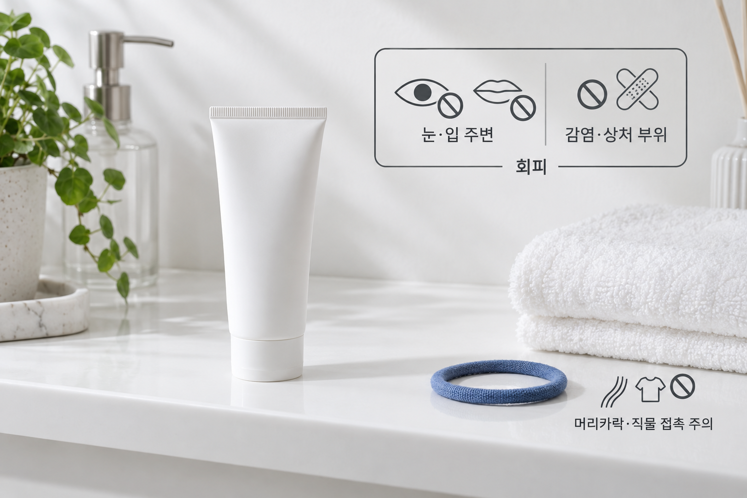 눈·입 주변과 상처 회피, 직물과 머리카락 접촉 주의를 설명하는 도해와 정물