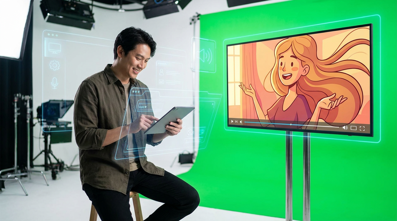 A person interacting with an AI video generator on a tablet, with a generated talking avatar on a large screen, demonstrating a free AI video generator.