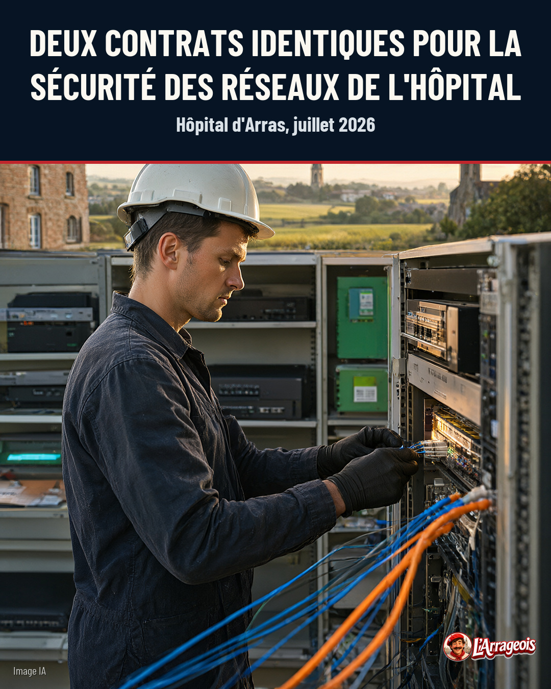 Un technicien casqué manipule des câbles de réseau dans un rack d'équipements, avec des bâtiments et des champs en arrière-plan.