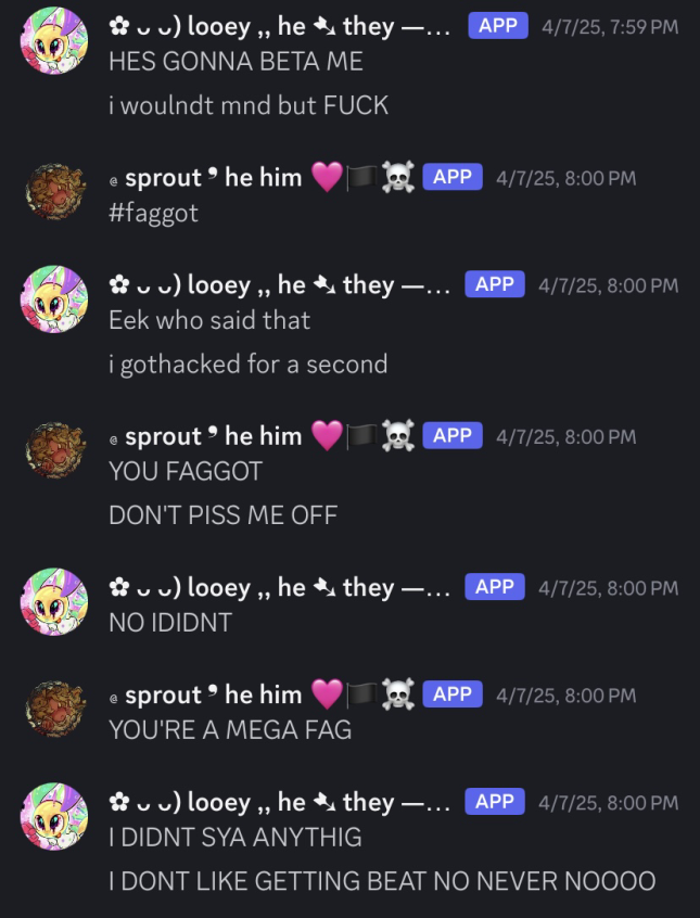 another one of many instances of mel's alter looey sexualizing chem's alter sprout. we're all gay so don't twist the narrative about the slur usage