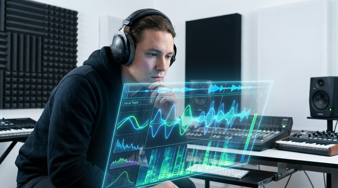 Creator editing AI-generated music vocals on a holographic interface, focusing on granular detail with Udio.