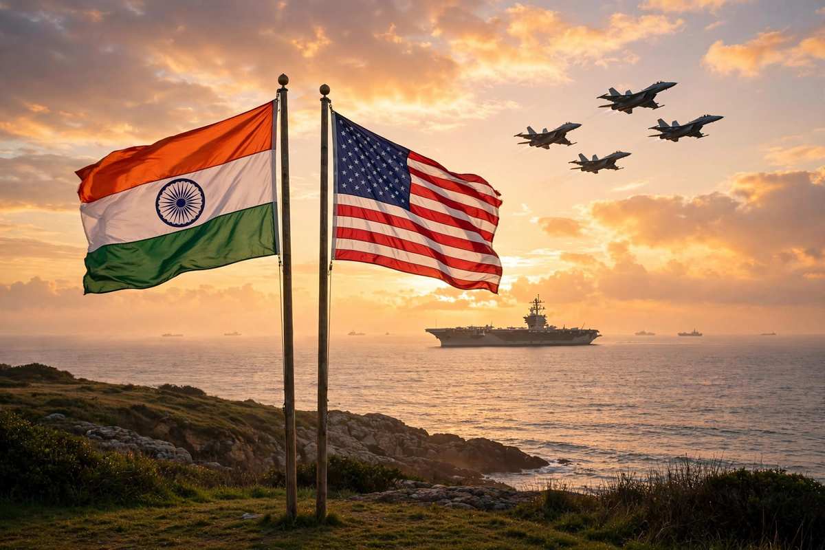भारत और अमेरिका के झंडे, ऊपर लड़ाकू विमान