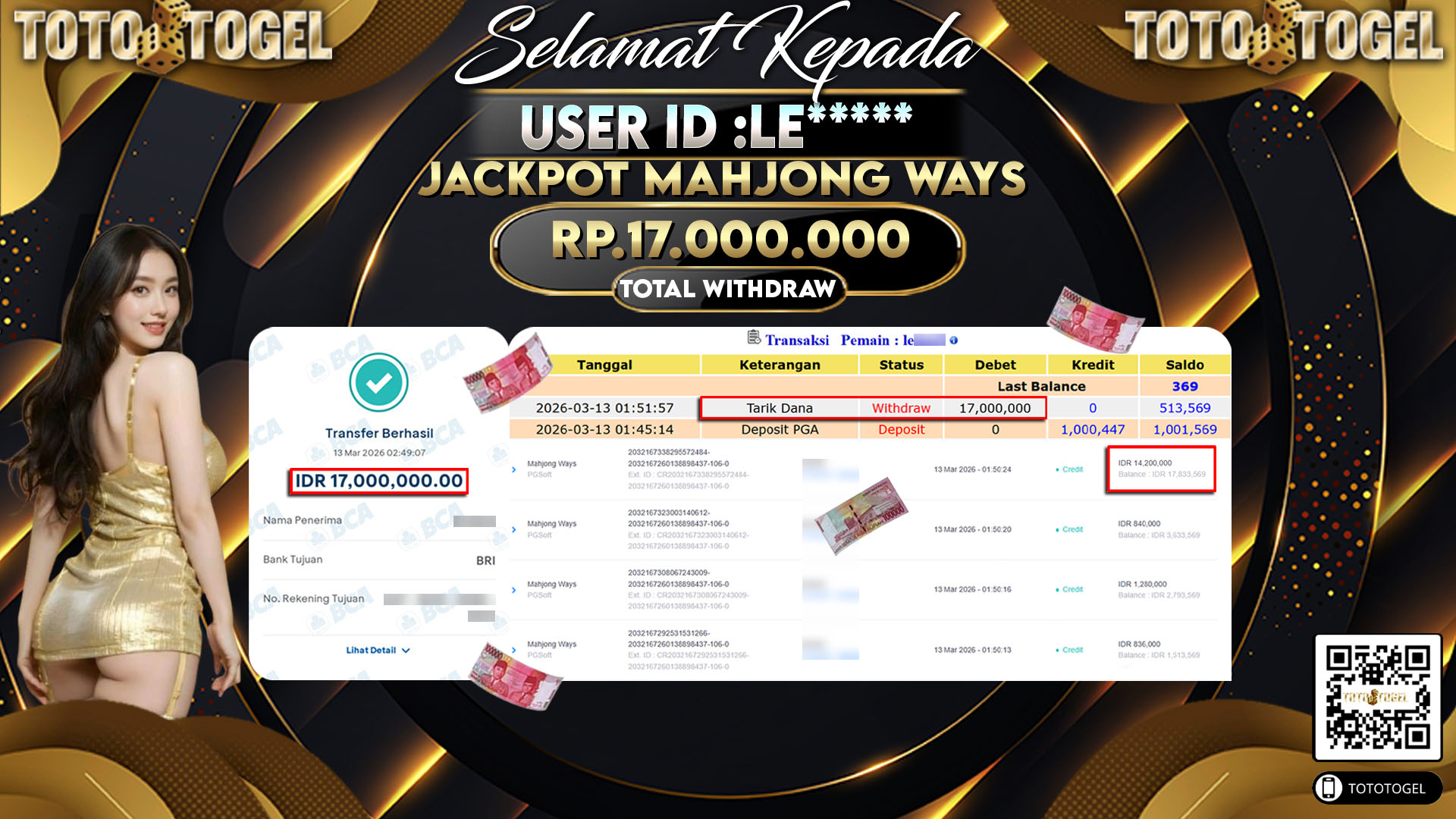 Bukti Pembayaran Jackpot Permainan Slot Mahjong Ways ID:LE*****LUNAS