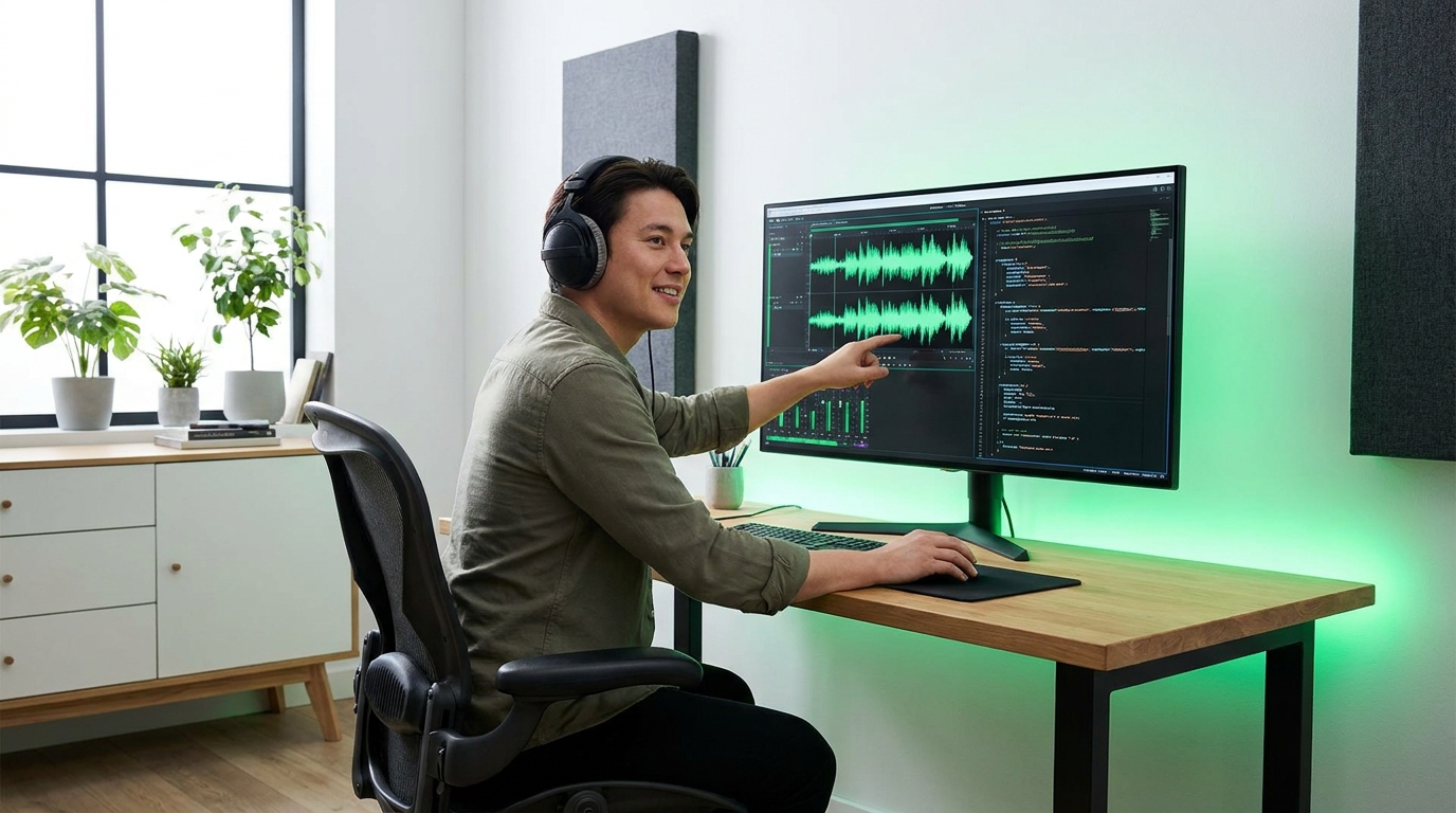 Creator using Falcon3-Audio for an audio project on a laptop, demonstrating accessible AI.