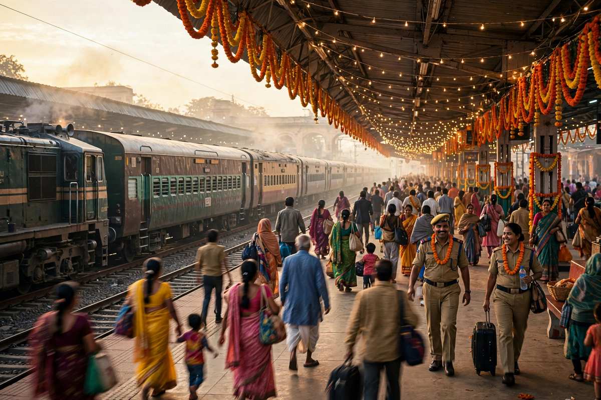 दिवाली के त्योहारी माहौल में रेलवे स्टेशन पर खुश रेलवे कर्मचारी