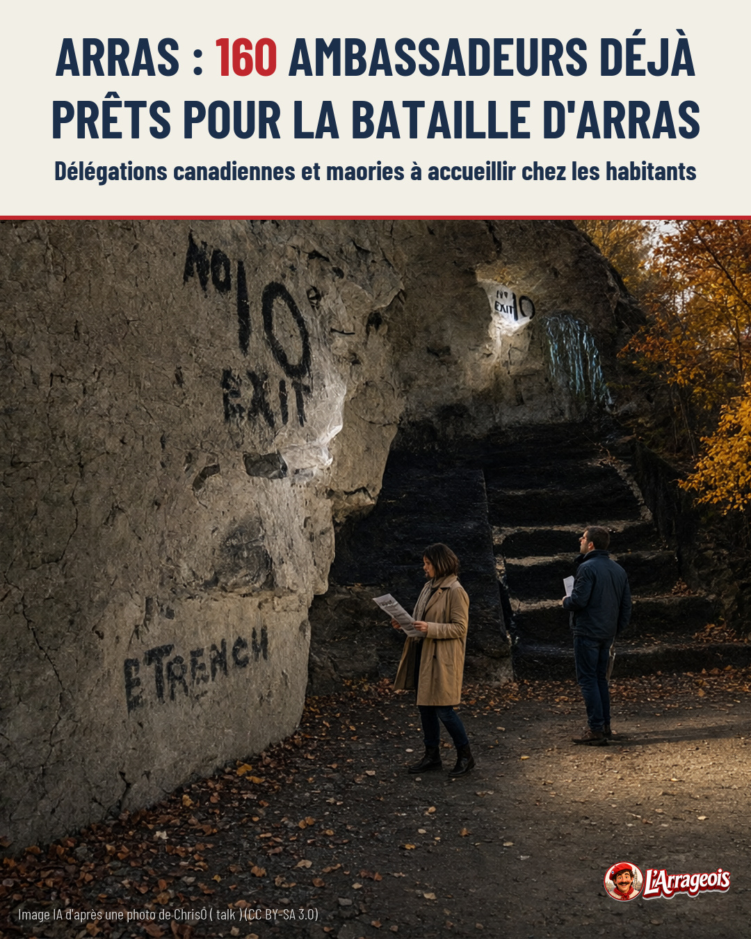 Deux personnes regardent des documents devant une paroi rocheuse marquée de graffitis, avec des feuilles d'automne au sol.