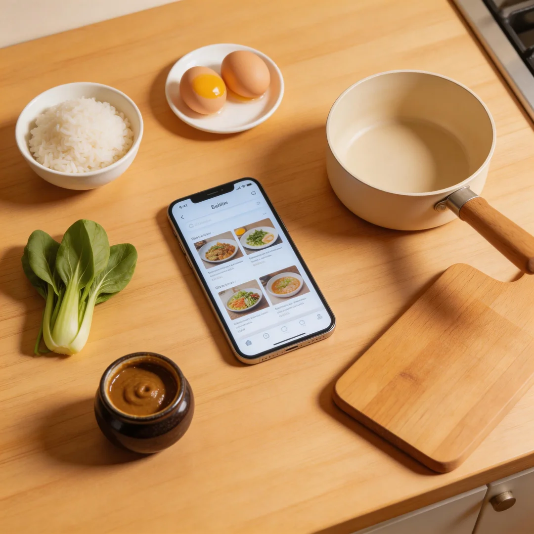 一人暮らし自炊アプリ - スマホでレシピを見ながら料理する若者