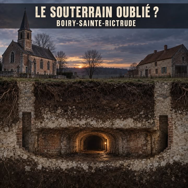 Une église et une ferme surplombent une tranchée creusée dans la terre, révélant un tunnel souterrain en briques éclairé par une lumière chaude.