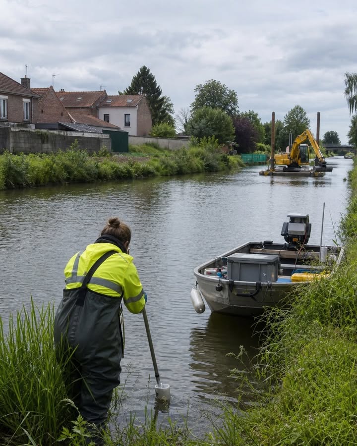 Un technicien en combinaison de travail prélève un échantillon d'eau dans une rivière, près d'une petite barque et d'une peloteuse flottante.