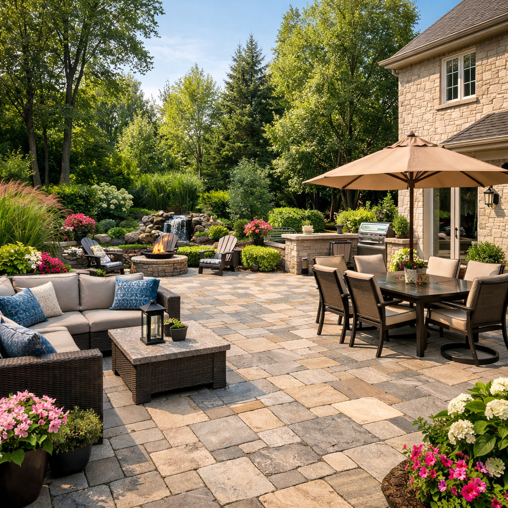 Terrasse pavé uni aménagement extérieur