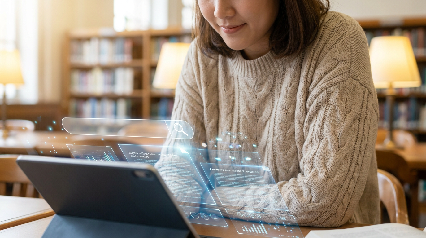 Person using a tablet for source-grounded research with AI, showing documents and a search interface.