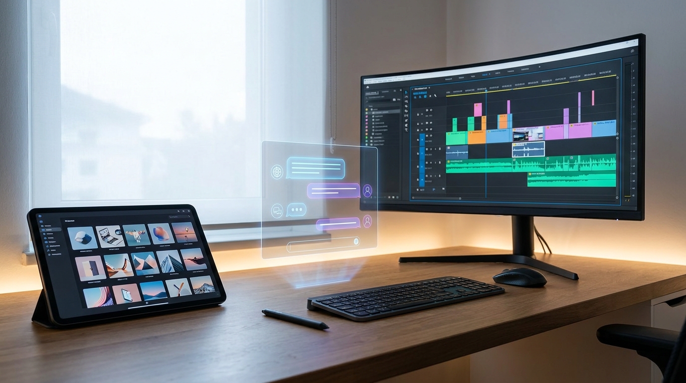 Digital artist's desk showcasing Google Flow's interface for custom AI tools for creative workflows, with video editing, asset management, and AI agent.