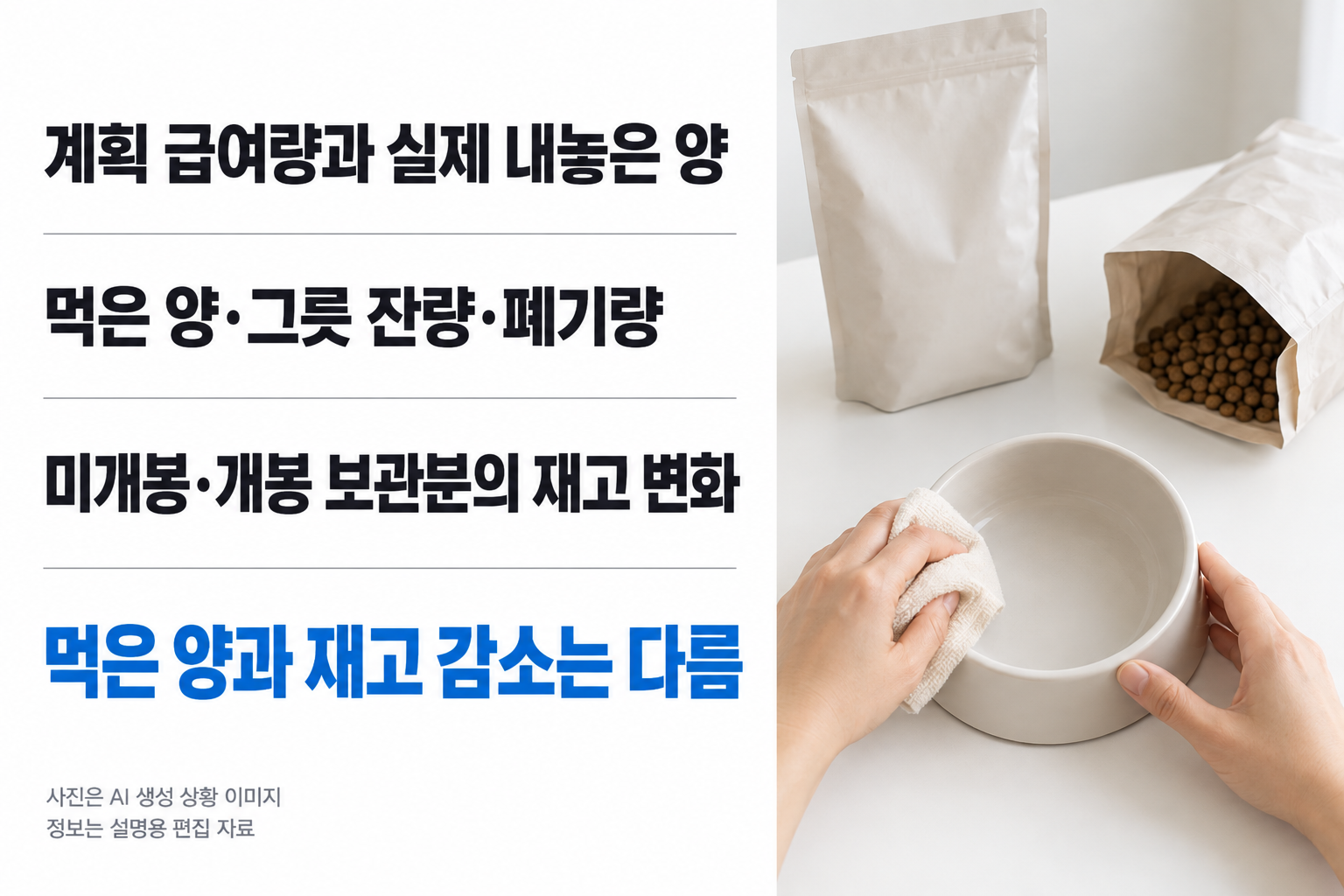 흰 여백의 생활 매거진 편집자료. 왼쪽 60%에 세 큰 문장: 계획 급여량과 실제 내놓은 양 / 먹은 양·그릇 잔량·폐기량 / 미개봉·개봉 보관분의 재고 변화. 오른쪽은 비어 있는 그릇과 무지 포장을 정리하는 손 사진. 흐름도·상자·빈 입력칸 없이 굵은 소제목 세 개와 구분선만. 먹은 양과 재고 감소는 다름을 크게. 임의 폐기율·수치 없음.