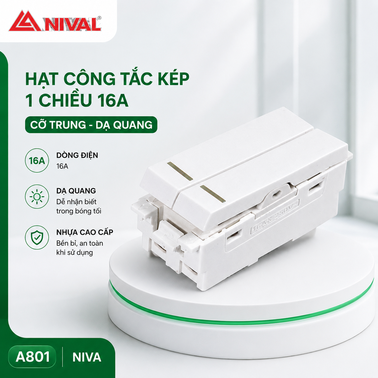 Hạt công tắc kép 1 chiều 16A - cỡ trung - dạ quang