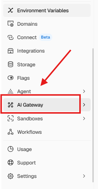 Vercel dashboard sidebar, AI Gateway entry
