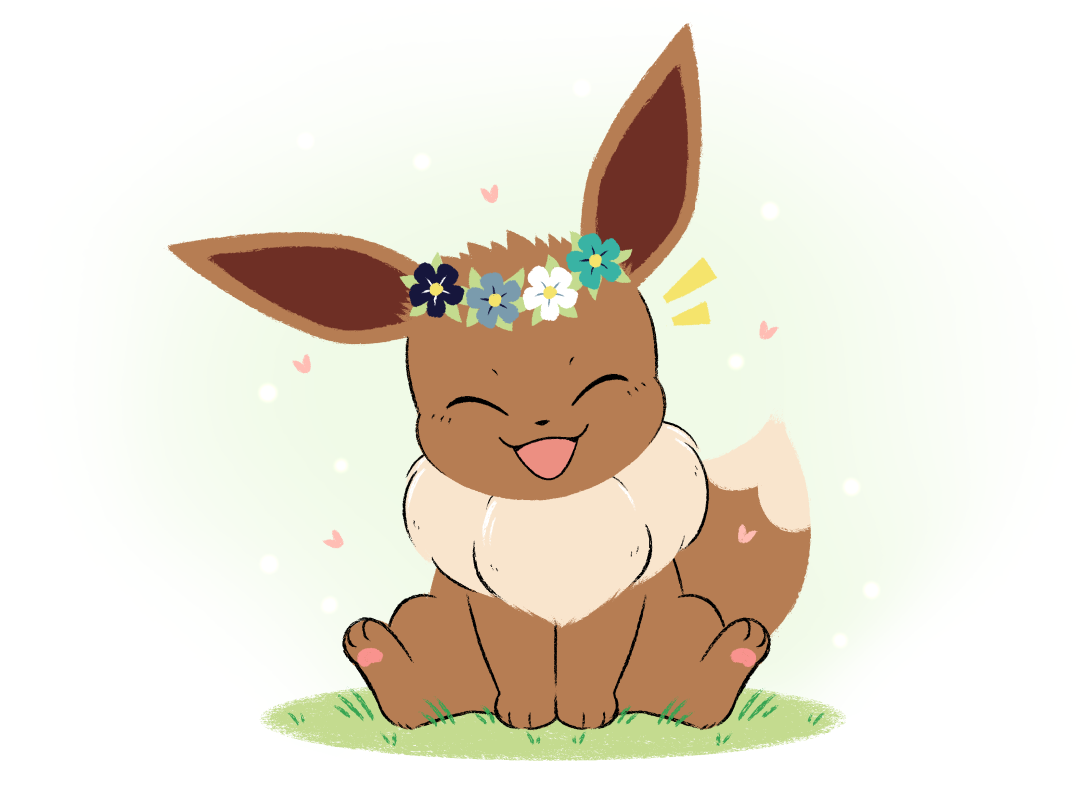 Artwork of Eevee wearing a flower crown being happy and playful | ac: gotchibam
