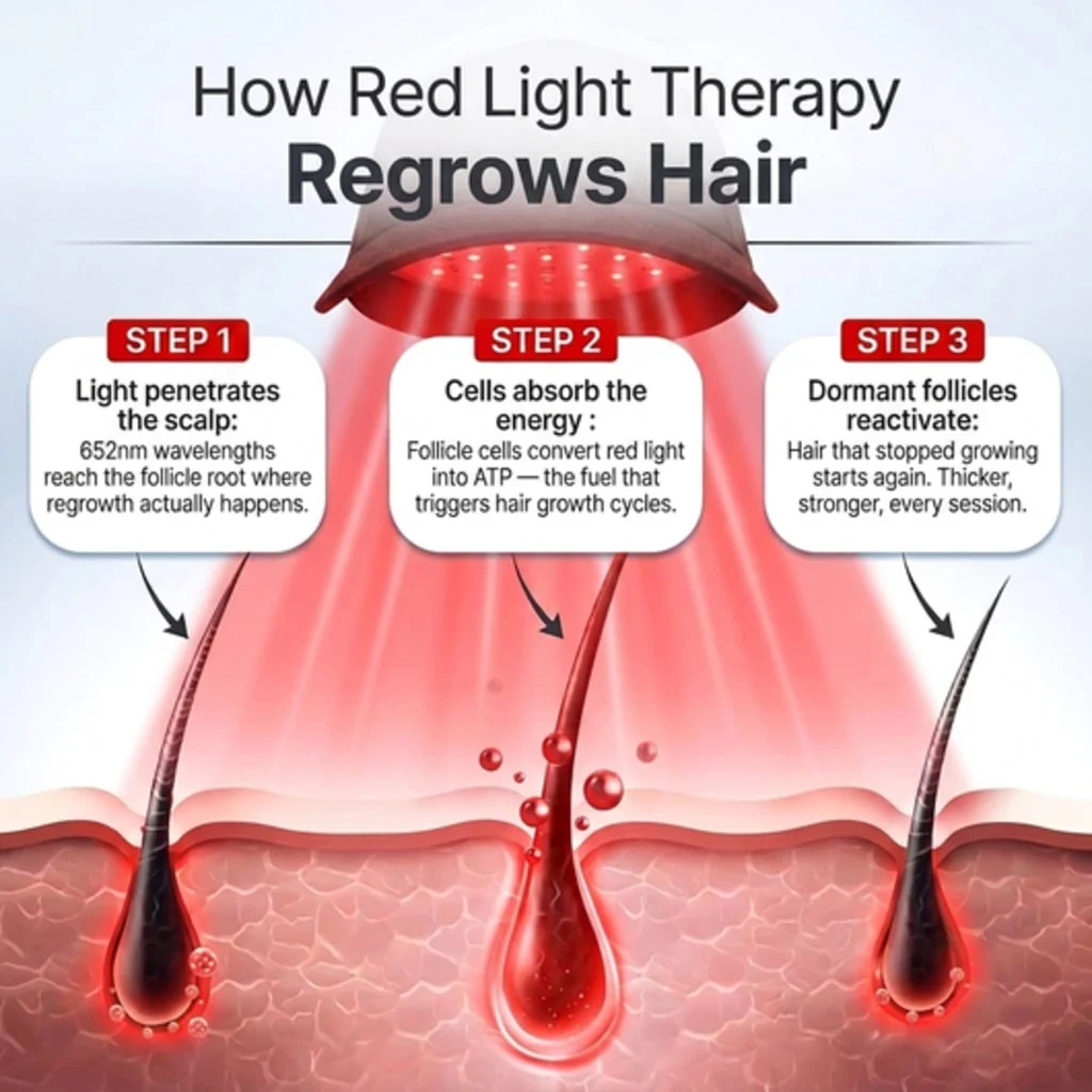How red light therapy regrows hair, in three steps