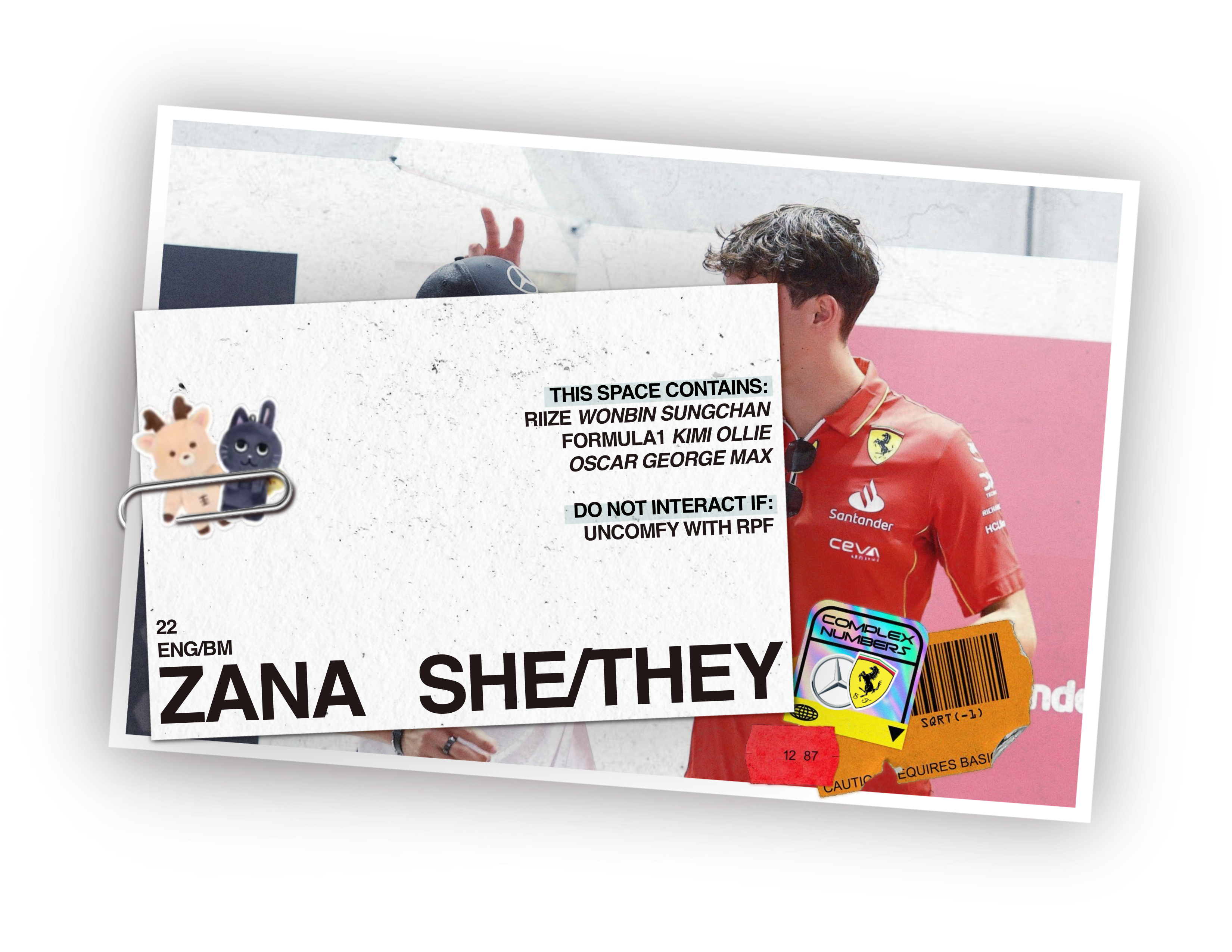 image contains my info. im zana, she/they, 22 y/o. this acc is mainly for syongnen, bearnelli, and gaxcar. dnfi uncomfy with rpf.