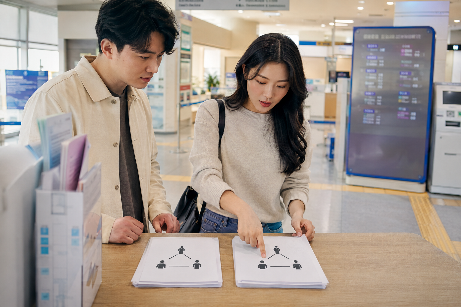 본인에서 배우자를 거쳐 배우자 부모까지 두 종류의 서류로 관계를 연결하는 장면