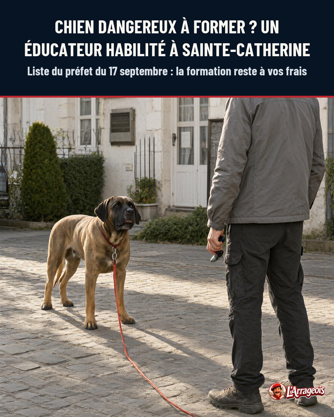 Un grand chien brun en laisse rouge face à un éducateur canin en tenue grise, sur une place pavée devant une maison blanche.