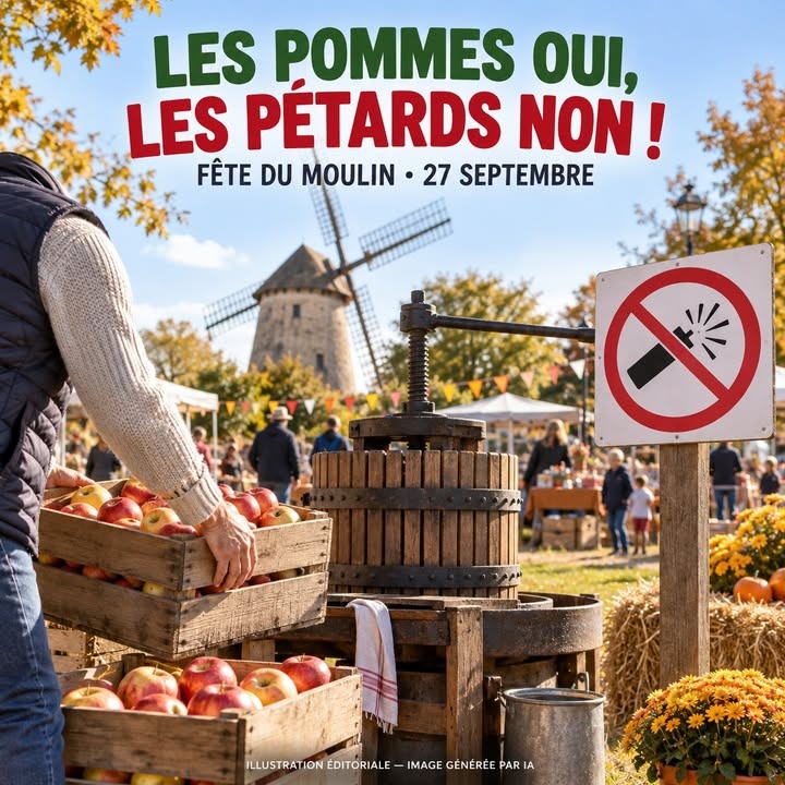 Une personne range des pommes dans des caisses en bois devant un pressoir à vin, avec un moulin à vent et un panneau interdisant les pétards en arrière-plan.