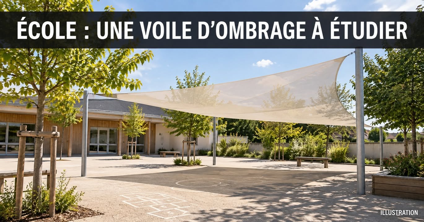 Une cour d'école pavée avec un grand voile tendu entre des poteaux métalliques, des arbres, des bancs et un bâtiment en bois.